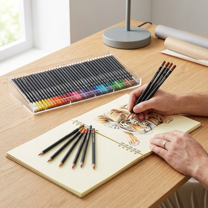 Lifestyle photo showing the STAEDTLER triangular colored pencils arranged by color in a desk tray, used for drawing on a paper pad with natural light.