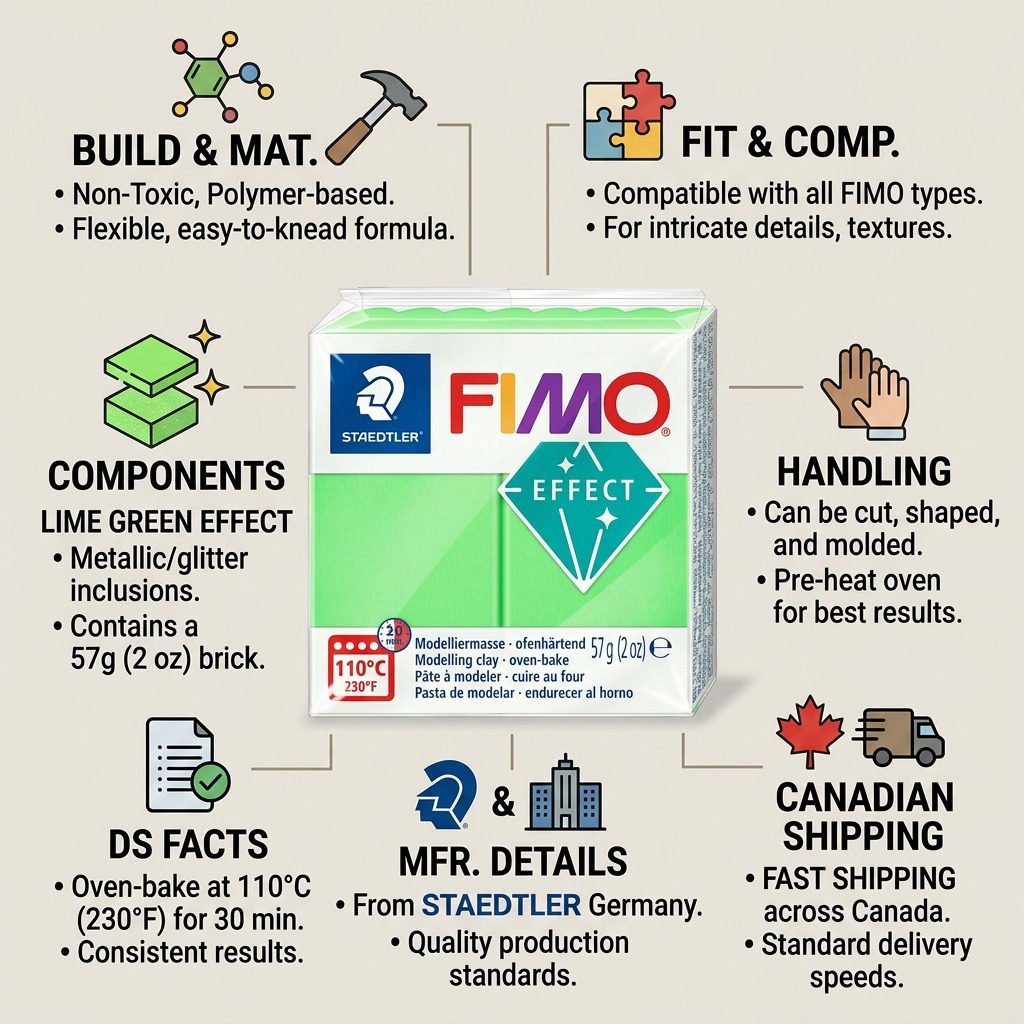 A trust and authority infographic for FIMO Effect modelling clay, with key facts and a CAN-wide shipping icon.