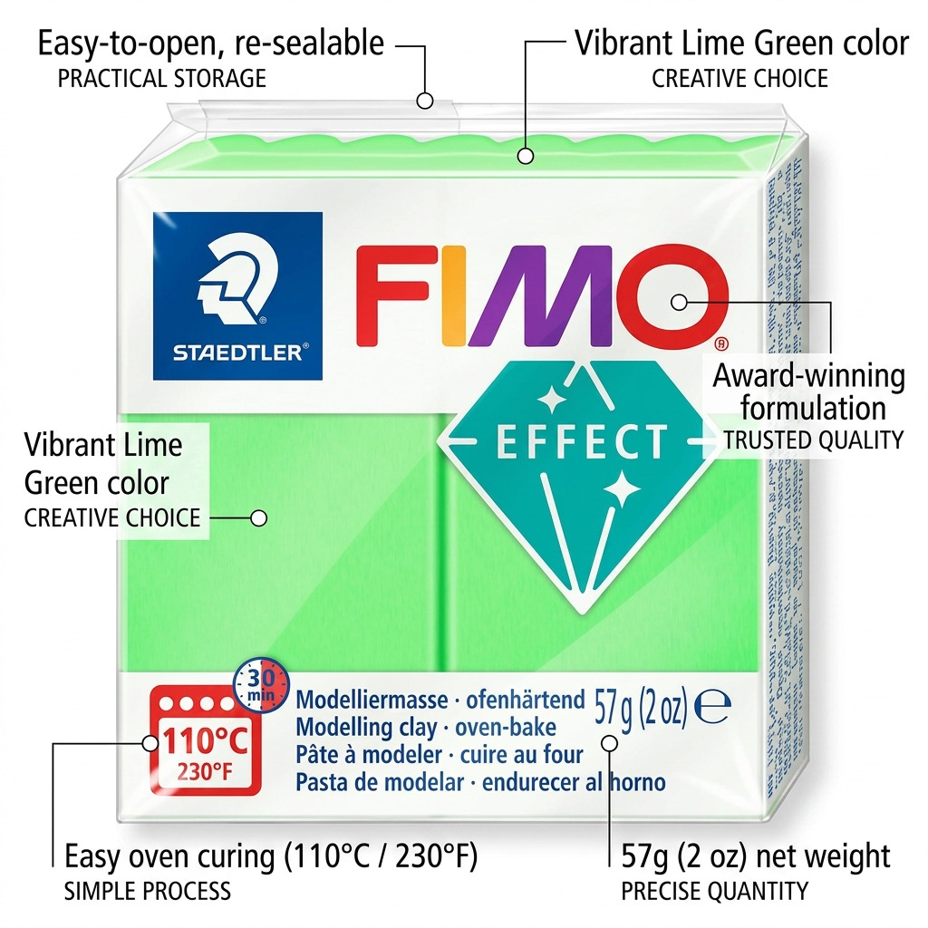 Diagram showing operational feature callouts for STAEDTLER Fimo Effect Lime Green modeling clay, with key technical benefits.