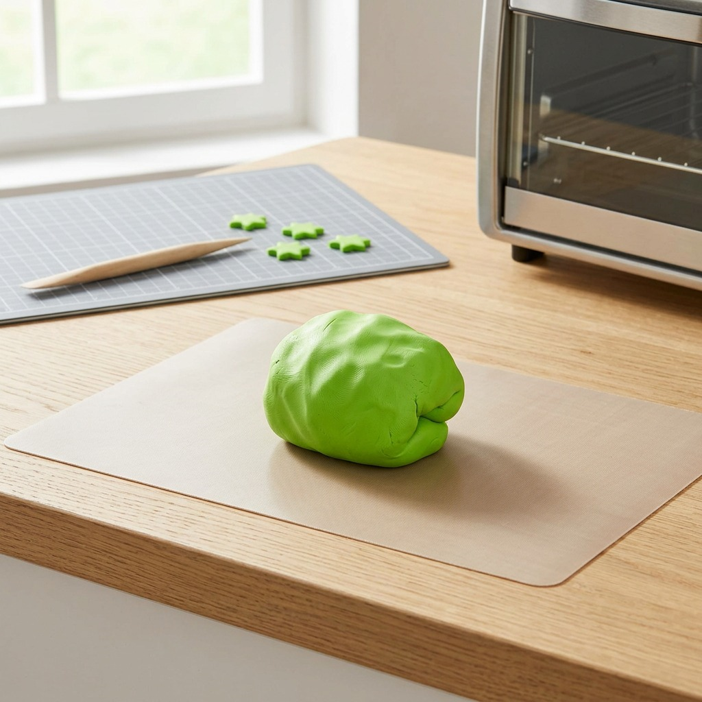 A lifestyle image featuring the lime green FIMO modelling clay resting on a clean, creative studio surface.