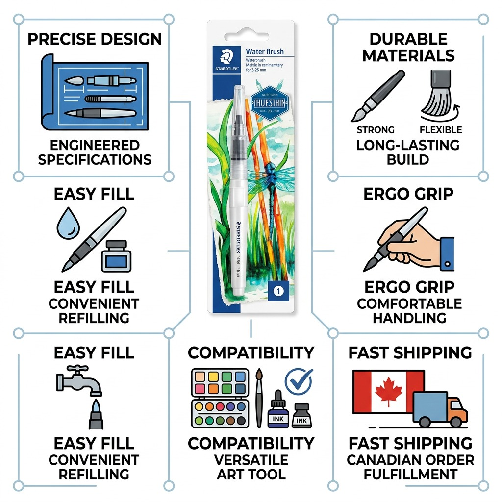 A trust and authority infographic for the STAEDTLER Water fillable brush, showcasing factual cues and product details.
