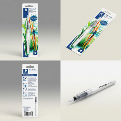 Product matrix: four key angles of the STAEDTLER water brush blister pack (949-BK-1-C).