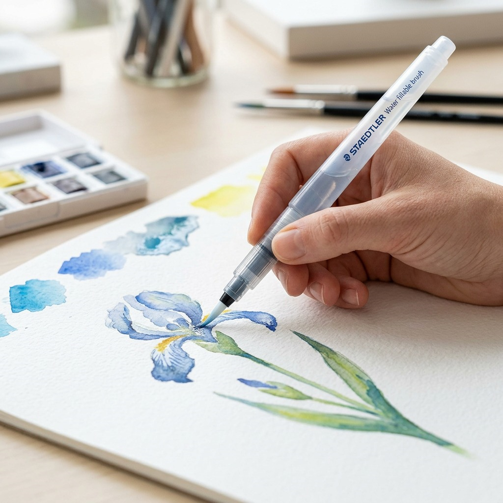 A person using the fine-tip STAEDTLER Water fillable brush to paint a blue iris flower on watercolor paper.