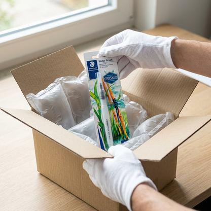 A photo of the STAEDTLER Water Brush blister pack being removed from a kraft box with padded air pillows.