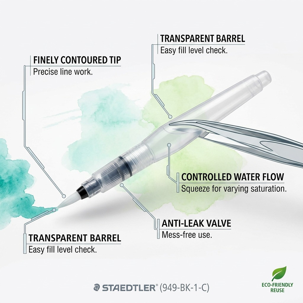 A feature graphic highlighting key product benefits of the STAEDTLER water brush with minimal text labels.