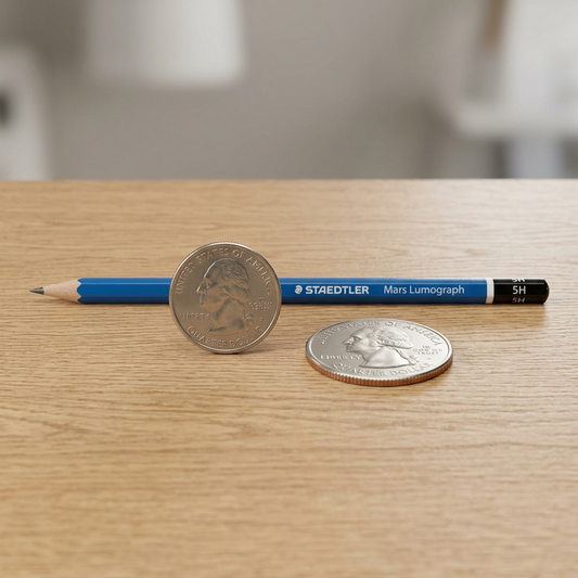 A Staedtler Mars Lumograph pencil, and a standard US quarter resting beside it, all on a light oak desk.