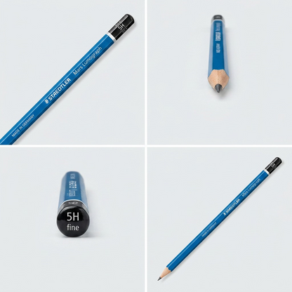 A grid showing the STAEDTLER Mars Lumograph pencil, and its different variants like standard, clutch, and color pencil.