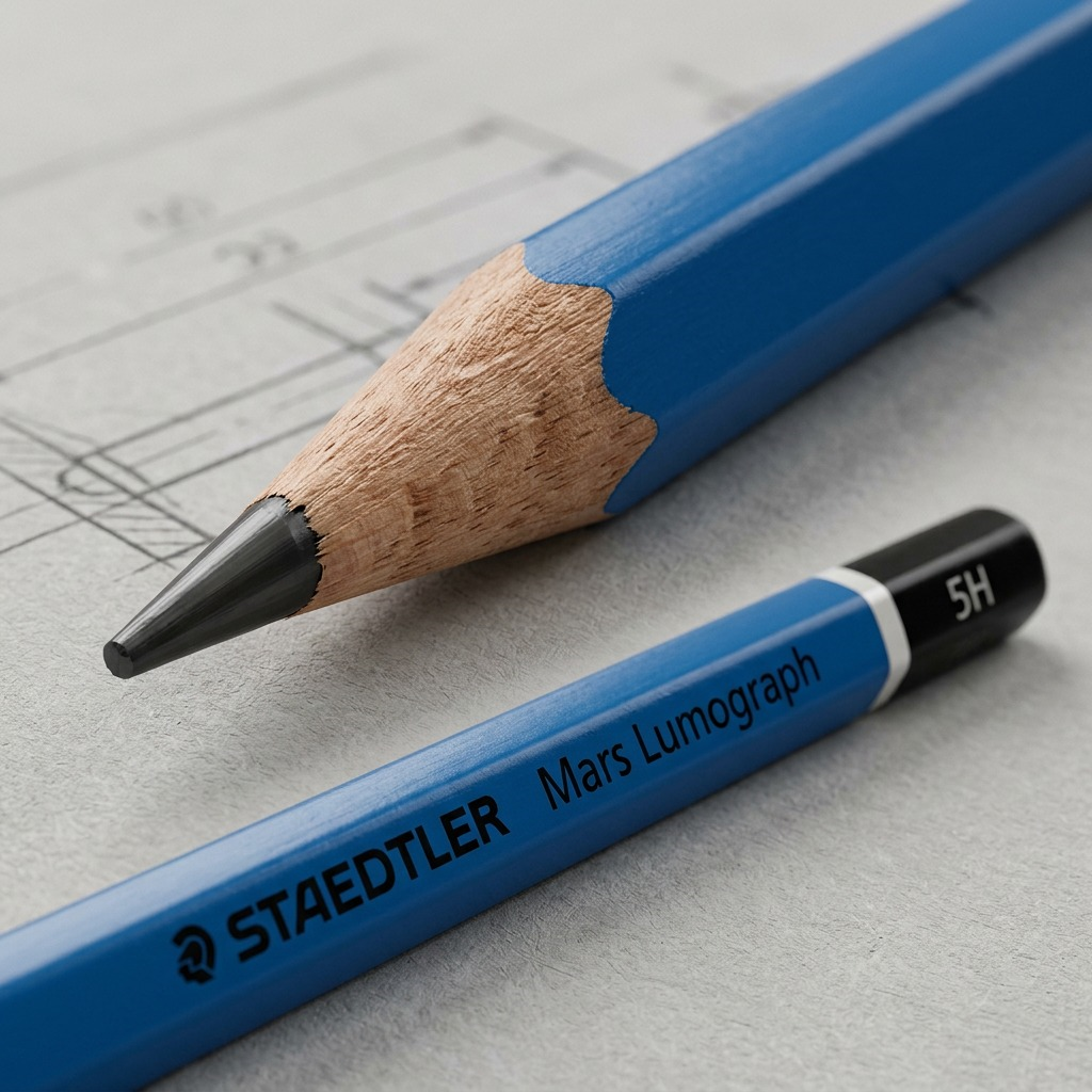 Macro close-up of a Staedtler Mars Lumograph 5H pencil, highlighting the texture of the wooden barrel and precisely sharpened end without added text or packaging.