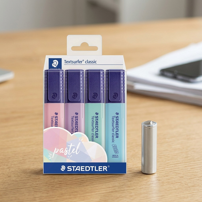 A scale comparison of the Staedtler Textsurfer highlighters set next to an standard AA battery.