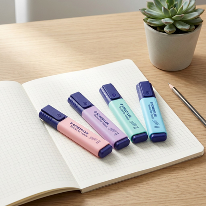Four STAEDTLER Textsurfer classic pastel highlighters set on a white desk with an open, blank notebook.