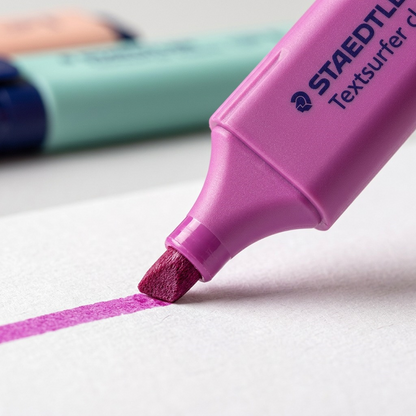 Extreme macro view captures the porous fiber chisel tip of a single STAEDTLER Textsurfer highlighter, precisely applying a magenta-pink line to textured white paper, showcasing the material and saturation.