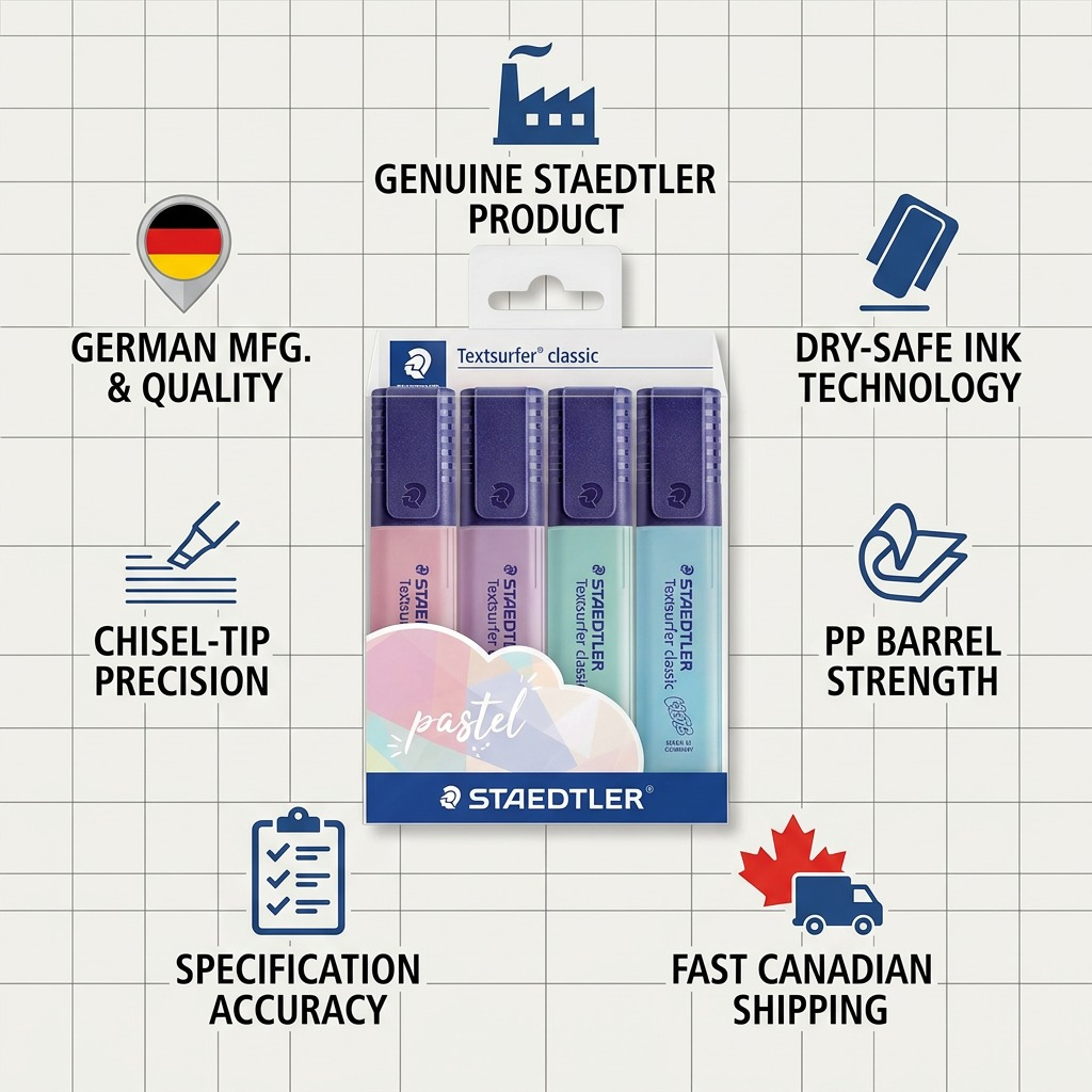 Detailed trust and authority infographic for STAEDTLER (364-CWP4PA) highlighter set, showing product and trust icons.