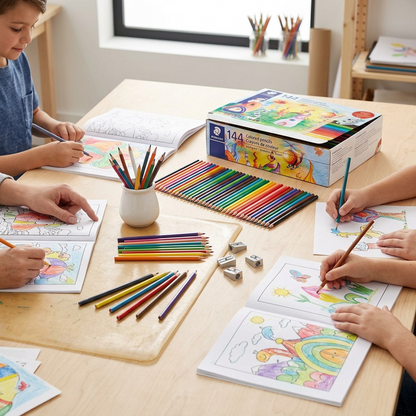 A photograph of unboxed colored pencils with small drawings on a wooden desk.