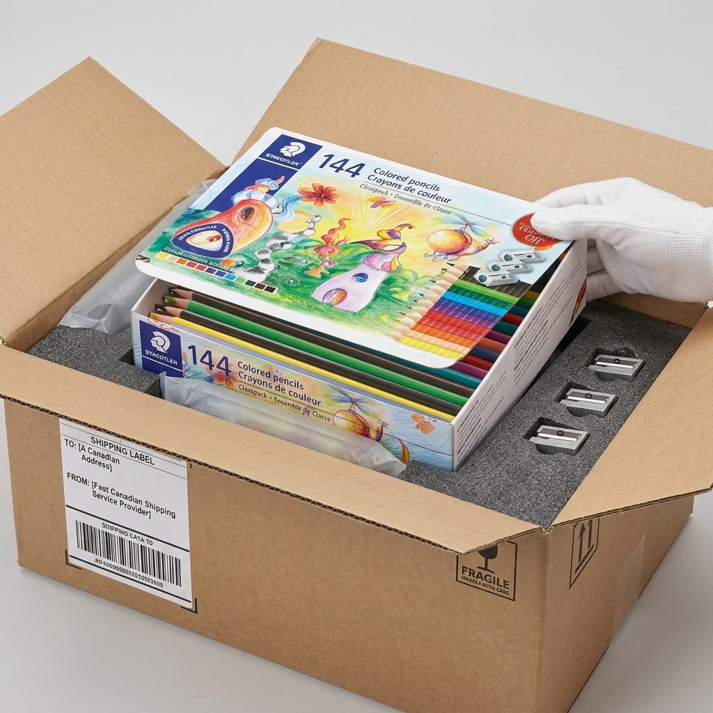 Staedtler 144ct class pack for unboxing, safely nested in protective shipping materials.