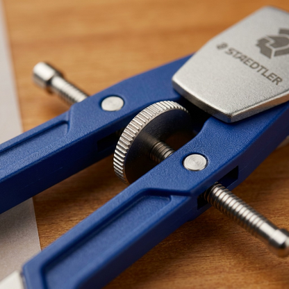 Macro photograph focusing on the precision details of the STAEDTLER metal compass, including the textured adjustment wheel, silver hinge, and the engraved ruler scale and STAEDTLER logo.