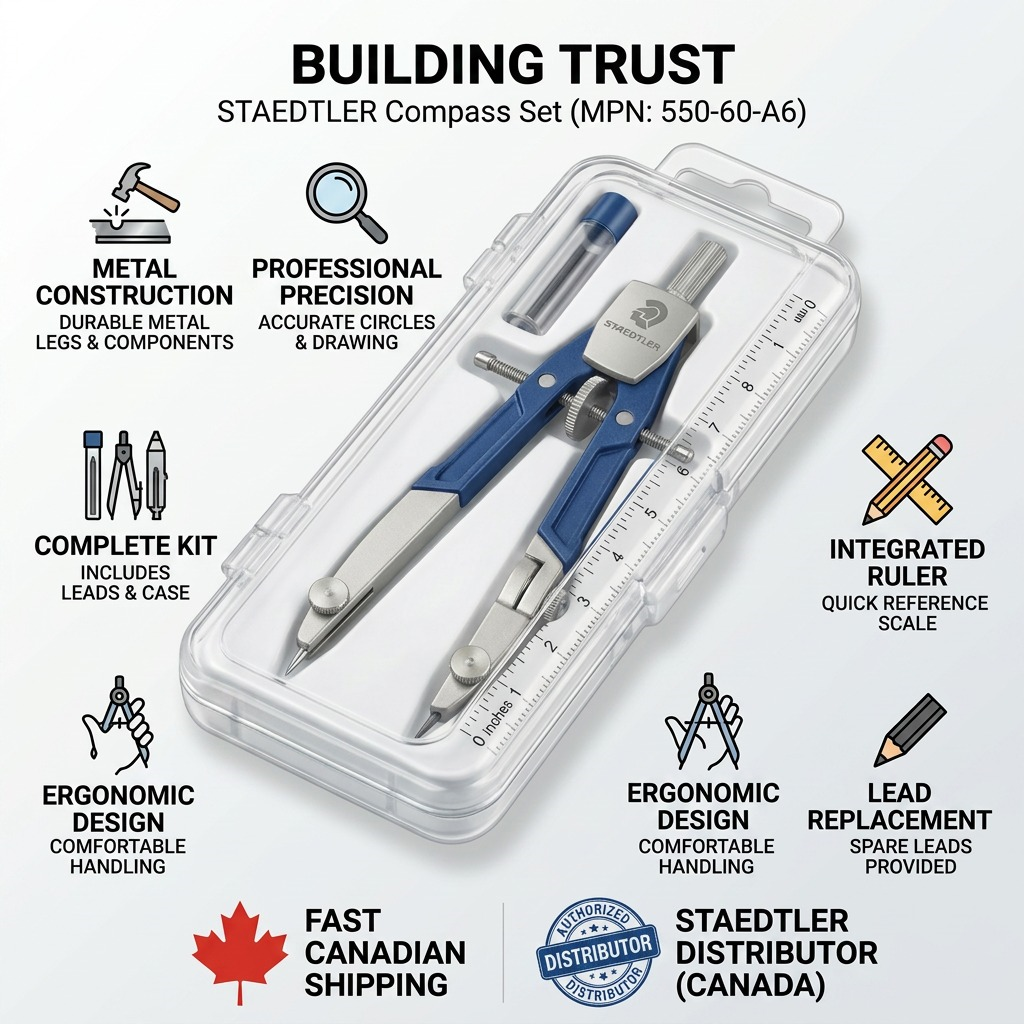STAEDTLER Compass Set info matrix image with trust badges, product details, and fast Canadian shipping info.
