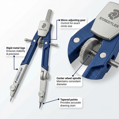 Ecommerce feature graphic with callouts for the STAEDTLER precision compass, highlighting its metal engineering and center wheel.
