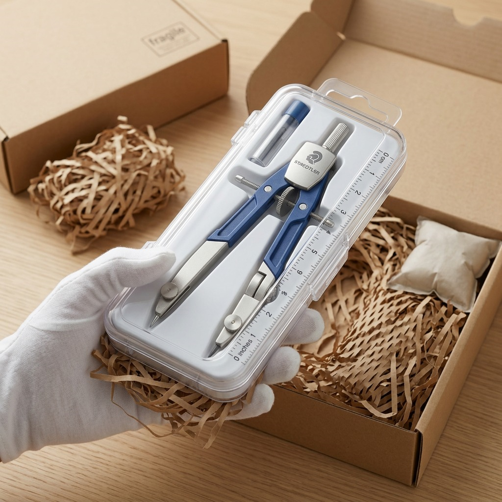 Premium unboxing scene showing a protected STAEDTLER metal compass set in its case.