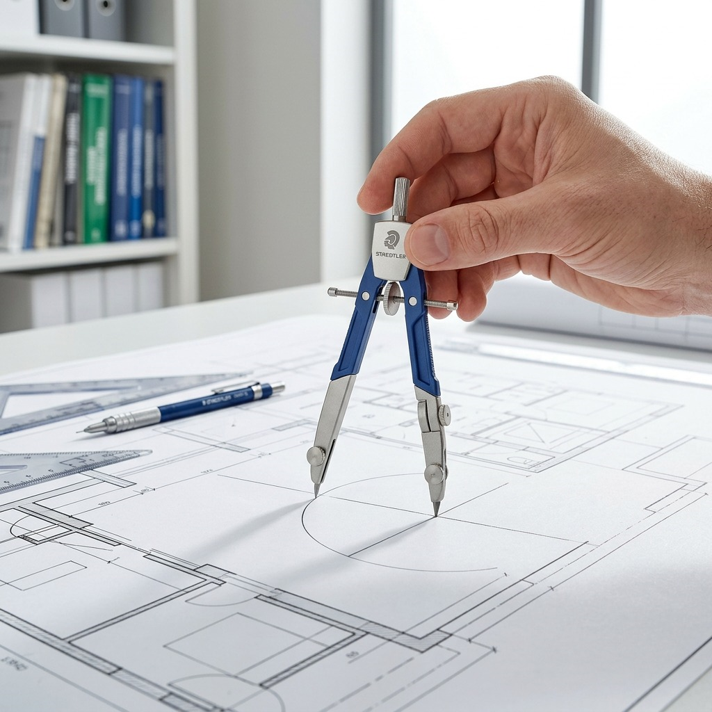 A person's hand using the STAEDTLER metal compass on complex technical drawings on a drafting table.