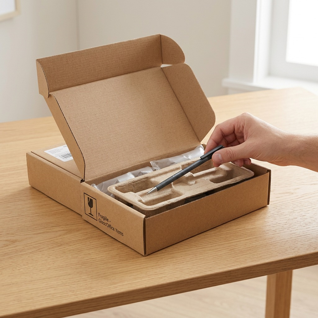 Unboxing a boxed STAEDTLER mechanical pencil from a protected shipping carton, reduction of damage anxiety.