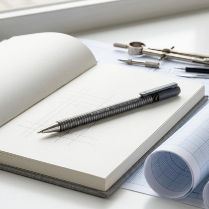A 3/4 view photograph of the STAEDTLER triplus micro 0.7 mm mechanical pencil resting on a dark gray architect's sketchbook next to a roll of blueprints, lit by soft, natural studio light from the right. A metal drafting ruler is visible in the background. The scene has a shallow depth of field.<ctrl46>