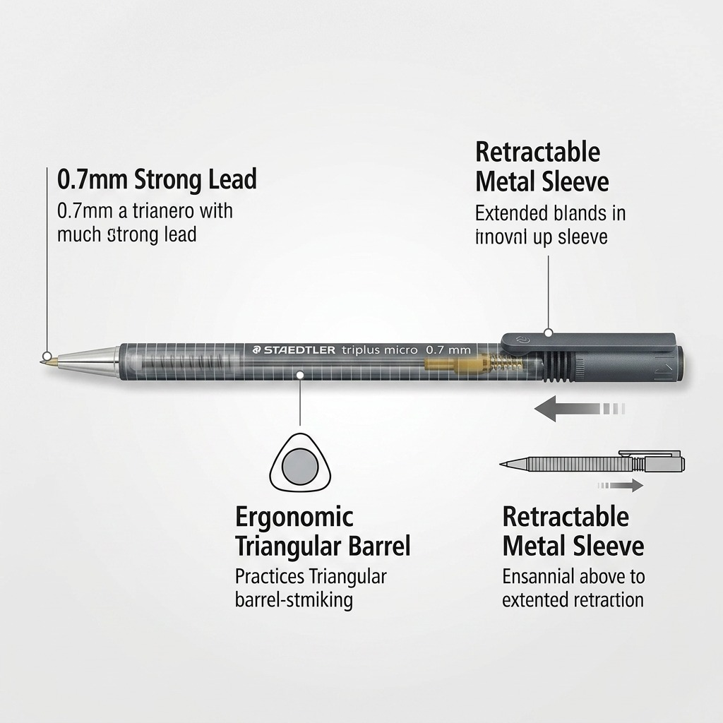 A feature callout graphic using the Staedtler Triplus Micro 0.7mm mechanical pencil image. Arrows and labels point to key features: "Retractable Lead & Sleeve" (left), "0.7mm HB Lead" (barrel text), and "Rubber Grip & Eraser Cap" (right / top cap), with a clean diagram view showing the internal eraser under the cap on an off-white background. The graphic is clean and highlights core functionality.