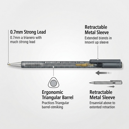 A feature callout graphic using the Staedtler Triplus Micro 0.7mm mechanical pencil image. Arrows and labels point to key features: "Retractable Lead & Sleeve" (left), "0.7mm HB Lead" (barrel text), and "Rubber Grip & Eraser Cap" (right / top cap), with a clean diagram view showing the internal eraser under the cap on an off-white background. The graphic is clean and highlights core functionality.