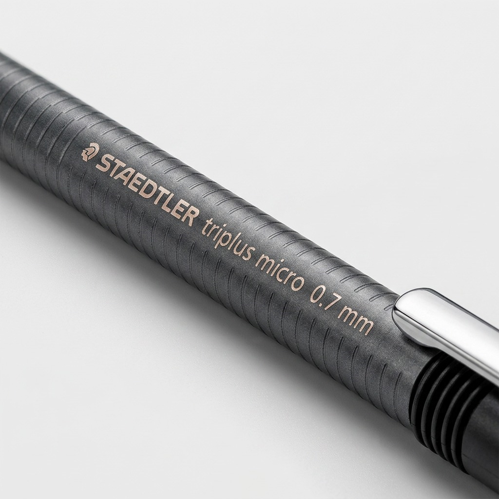 Macro inspection showing the detailed STAEDTLER imprint and ribbed texture on the mechanical pencil.
