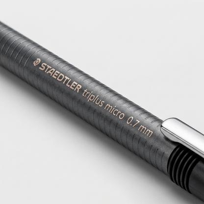 Macro inspection showing the detailed STAEDTLER imprint and ribbed texture on the mechanical pencil.