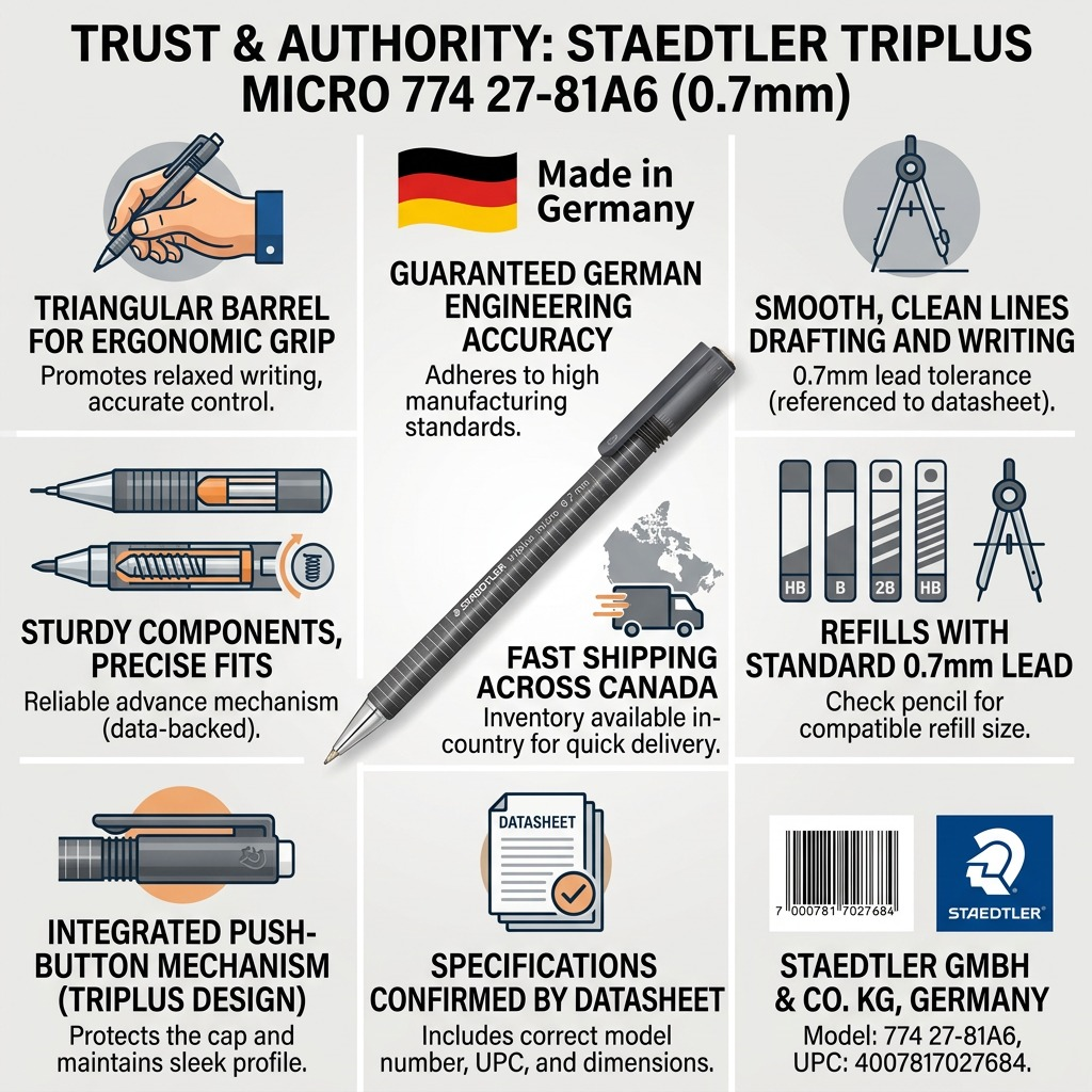 Infographic for STAEDTLER 77417-81A6 mechanical pencil, highlighting features, quality standards, and precise Canadian availability.
