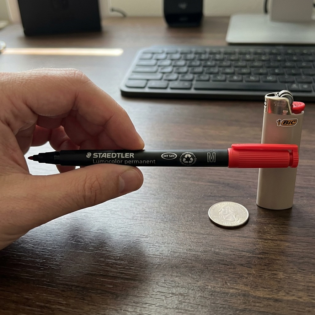 A photo-realistic scale comparison of a red STAEDTLER permanent marker with a person's hand.
