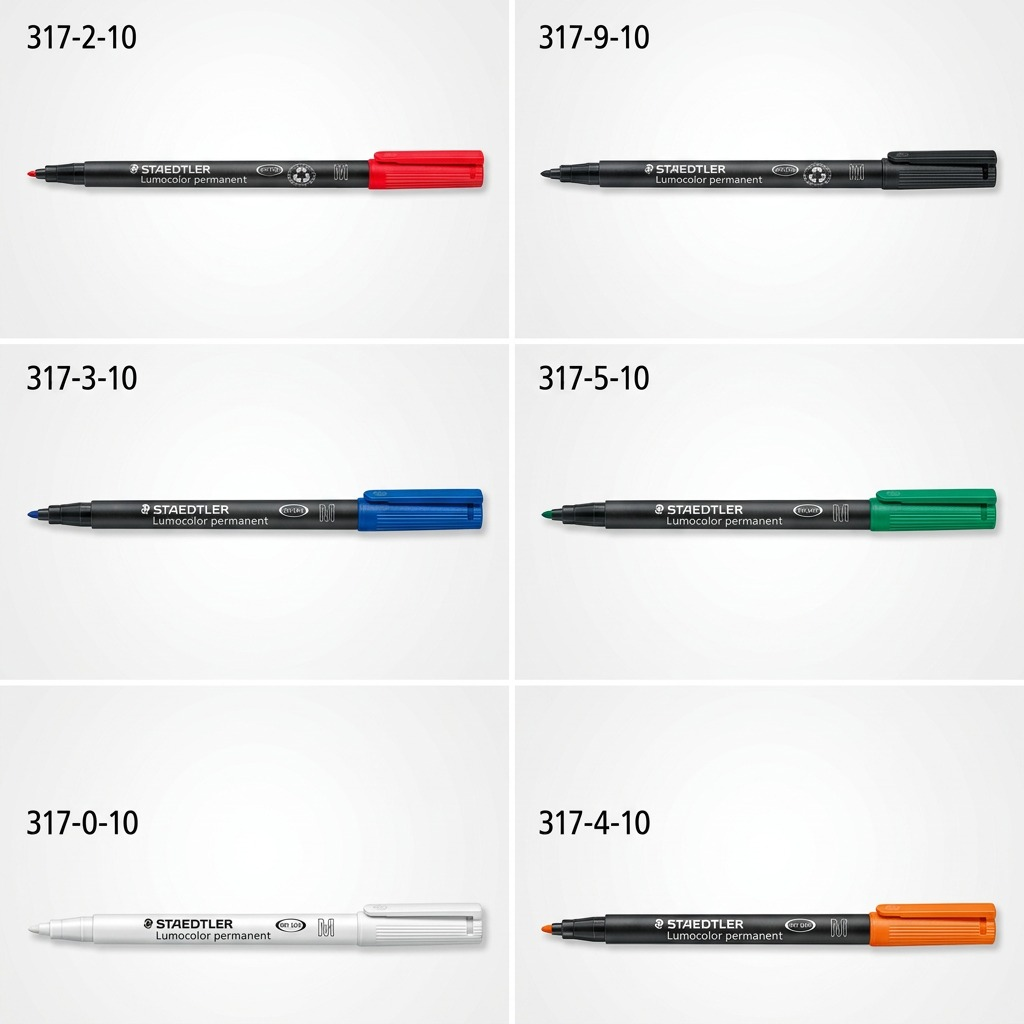 A 3x2 e-commerce grid displaying the canonical white, black, red, blue, green, and orange Staedtler 317-2 markers.