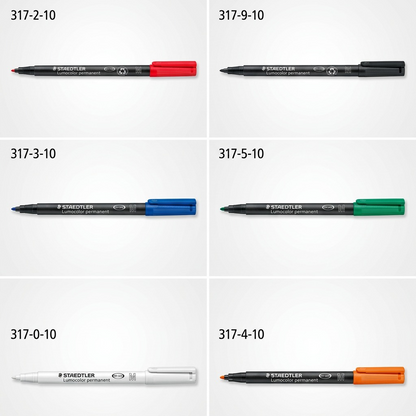 A 3x2 e-commerce grid displaying the canonical white, black, red, blue, green, and orange Staedtler 317-2 markers.