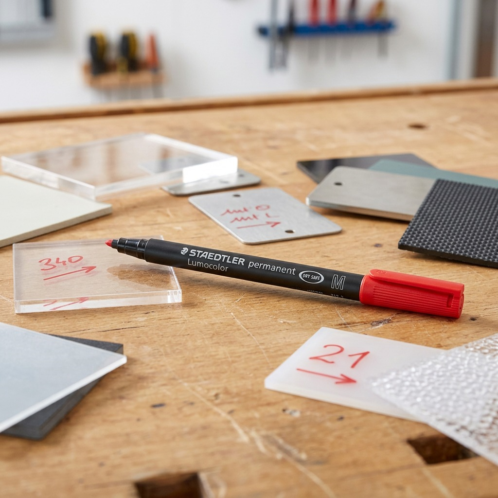 A Staedtler Lumocolor permanent red marker lies on a wooden desk next to sample material tags.