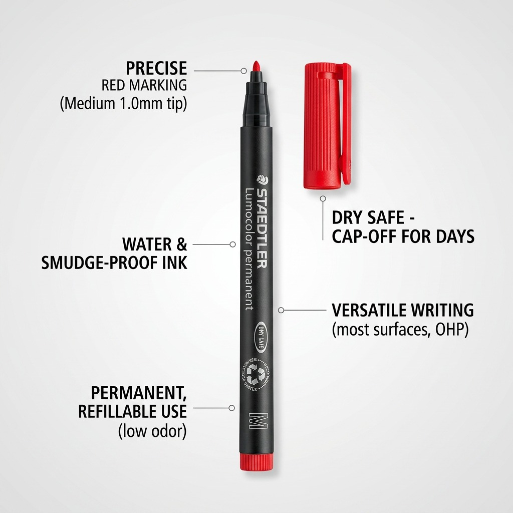 An infographic callout image displaying feature highlights for the STAEDTLER Lumocolor permanent 317-2 red marker.