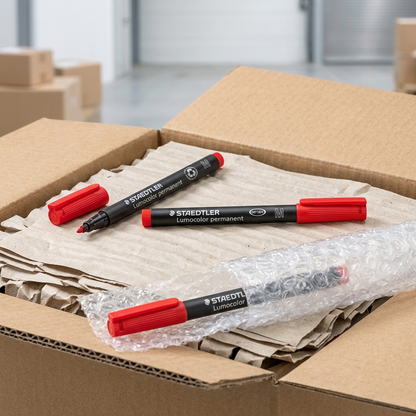 A matrix image of three sealed red STAEDTLER markers resting securely within a cushioned, bubble-wrapped shipping carton.
