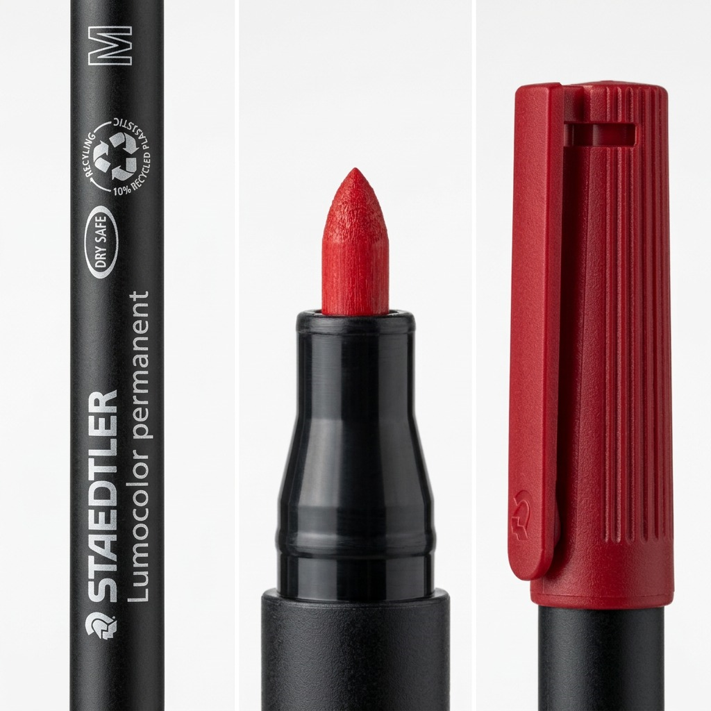 Macro details of the STAEDTLER red permanent marker's medium nib and barrel with sharp text and icons.