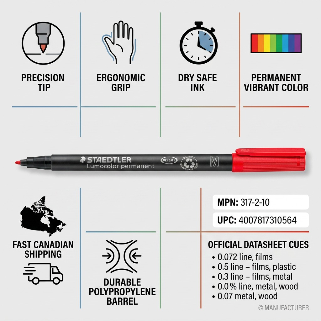 Infographic matrix highlighting the STAEDTLER Lumocolor 317-2 marker's factual features for trust and authority.