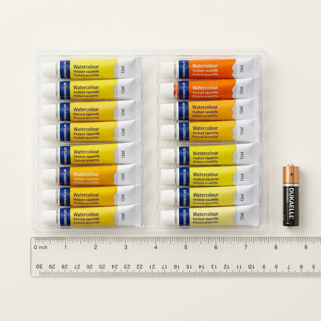A photograph comparing the scale of an inner tray of STAEDTLER watercolour tubes next to a vertical AA battery on a light surface.