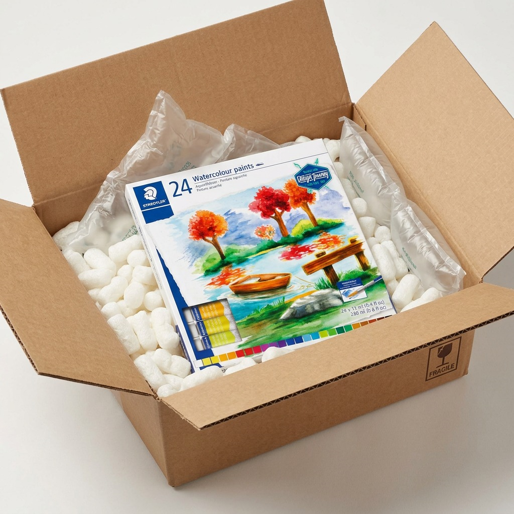 A clean overhead photograph showing the STAEDTLER watercolour paint set (image_0.png) cushioned within a brown corrugated shipping box filled with biodegradable packing peanuts and clear plastic air pillows, with one edge of a "Fragile" tape label visible. The product is perfectly secure and undamaged.