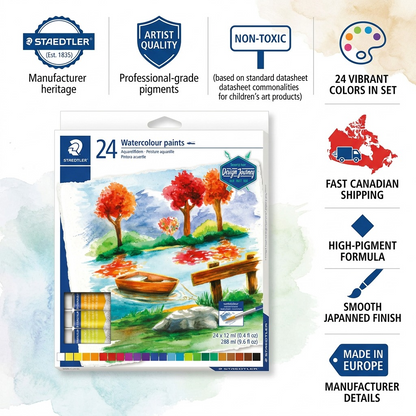 A clean ecommerce graphic showcasing the STAEDTLER watercolours with trust icons and factual details.