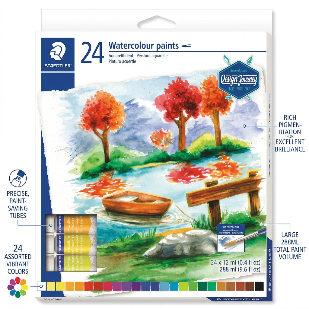 STAEDTLER watercolour set PDP graphic highlighting 24 vibrant colors, precise tubes, and pigmentation.