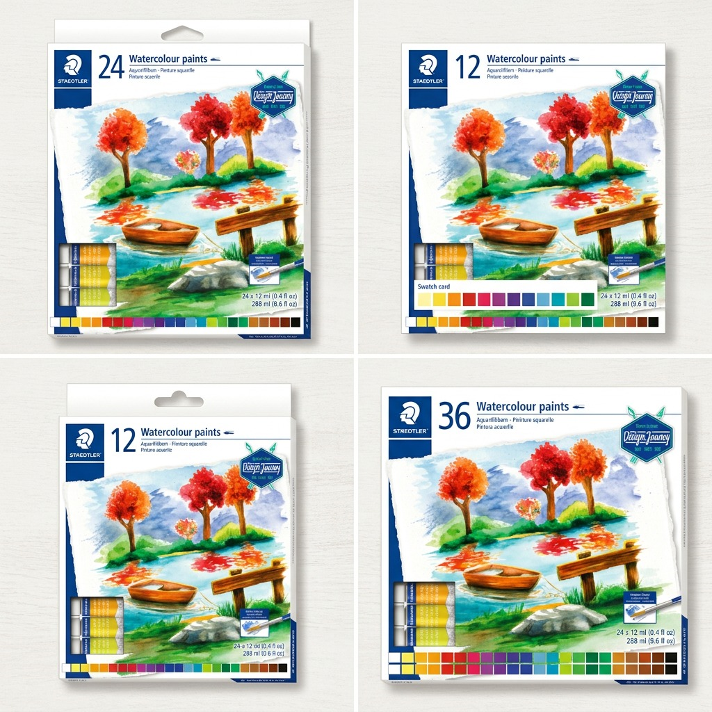 A matrix image displaying the STAEDTLER Watercolour paints in various available set sizes: 12, 24, and 36 tubes.