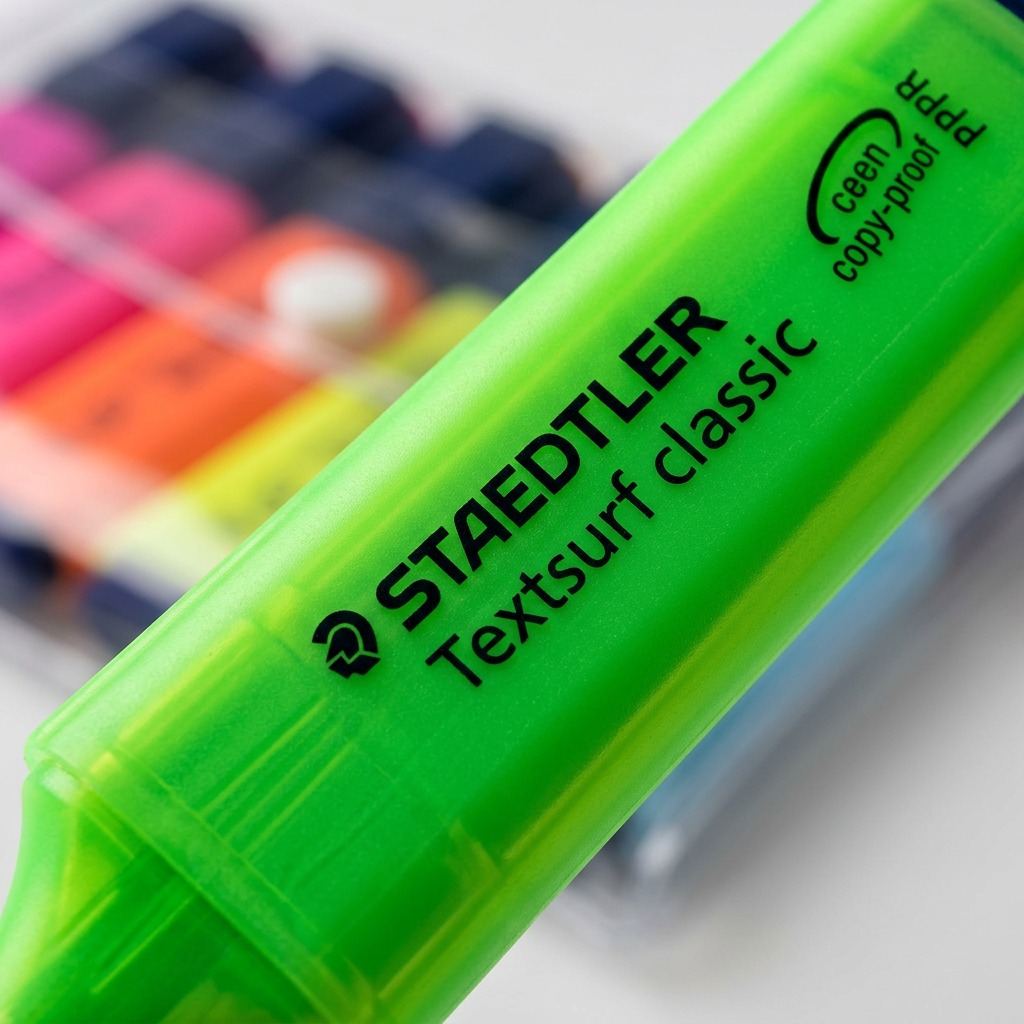 Macro photograph of the Staedtler Textsurf neon green highlighter cap, highlighting material texture and pocket clip.