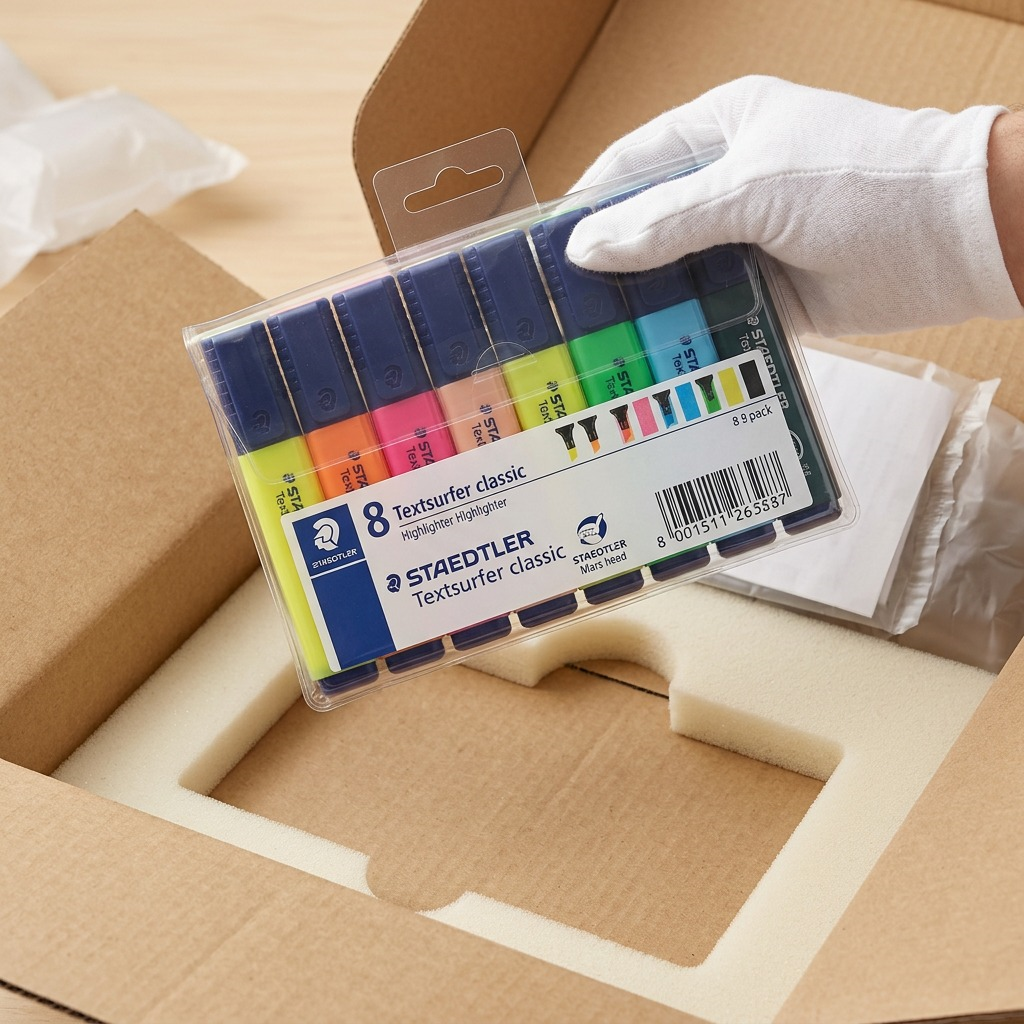 A photo of the sealed black/white STAEDTLER highlighter set being lifted from a clean shipping box.