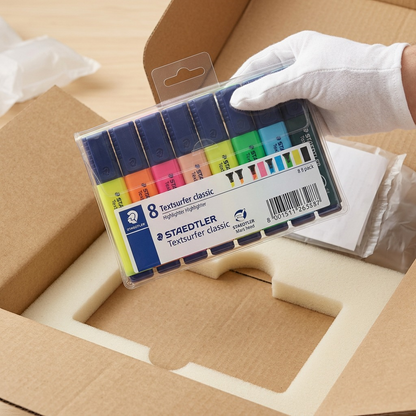 A photo of the sealed black/white STAEDTLER highlighter set being lifted from a clean shipping box.