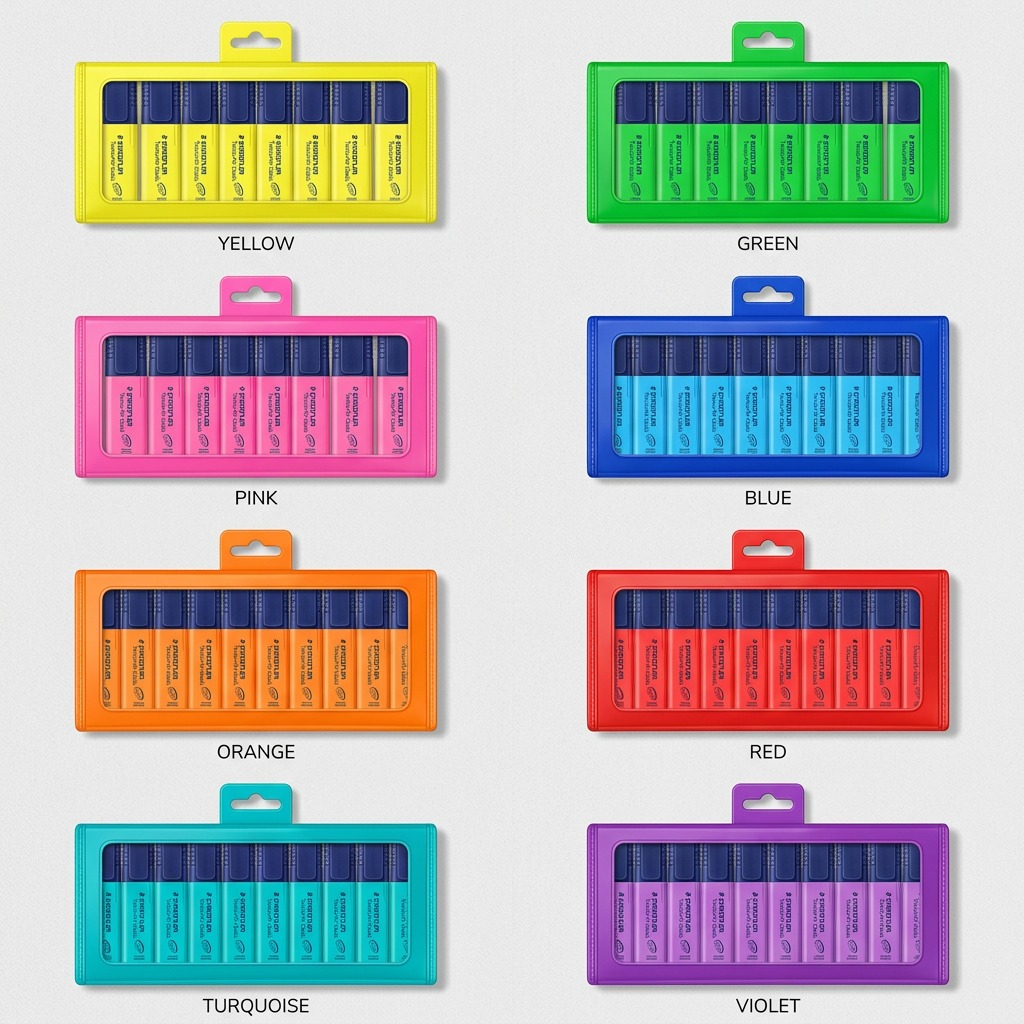 Matrix of eight Staedtler Textsurfer Classic highlighter wallets in different, distinct colors.