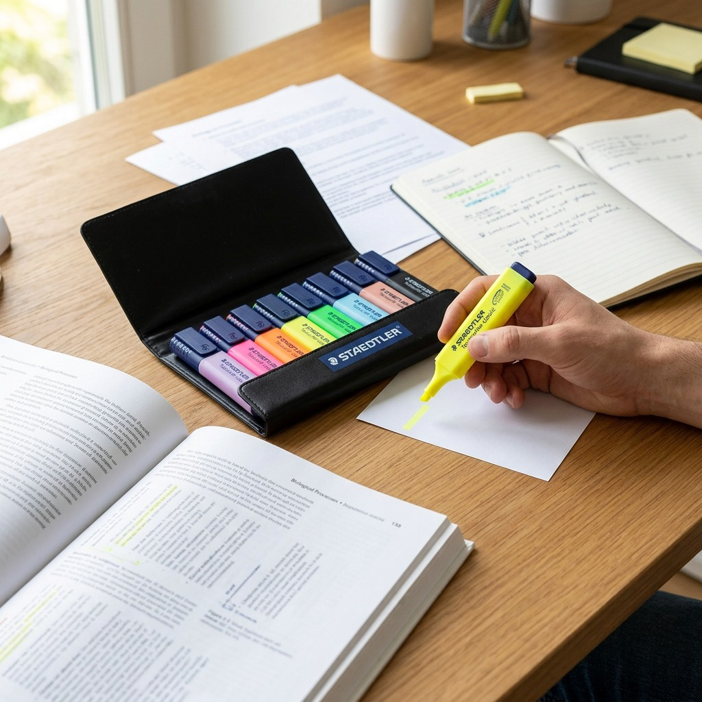 A close-up photograph of eight colorful STAEDTLER Textsurfer highlighters in a clear wallet, placed next to a textbook on a study desk.