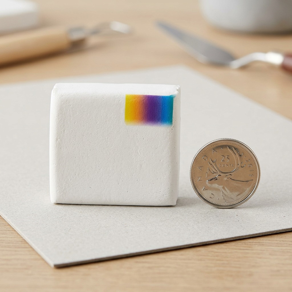 A high-resolution photo comparing STAEDTLER FIMO Professional 57g (white clay) beside a standard Canadian quarter.