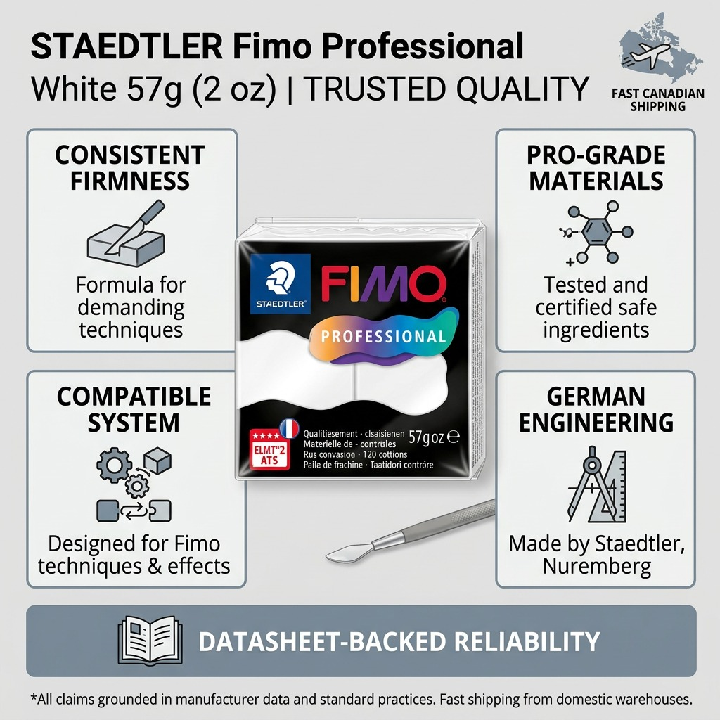 Infographic detailing the trusted quality of STAEDTLER Fimo Professional White clay.